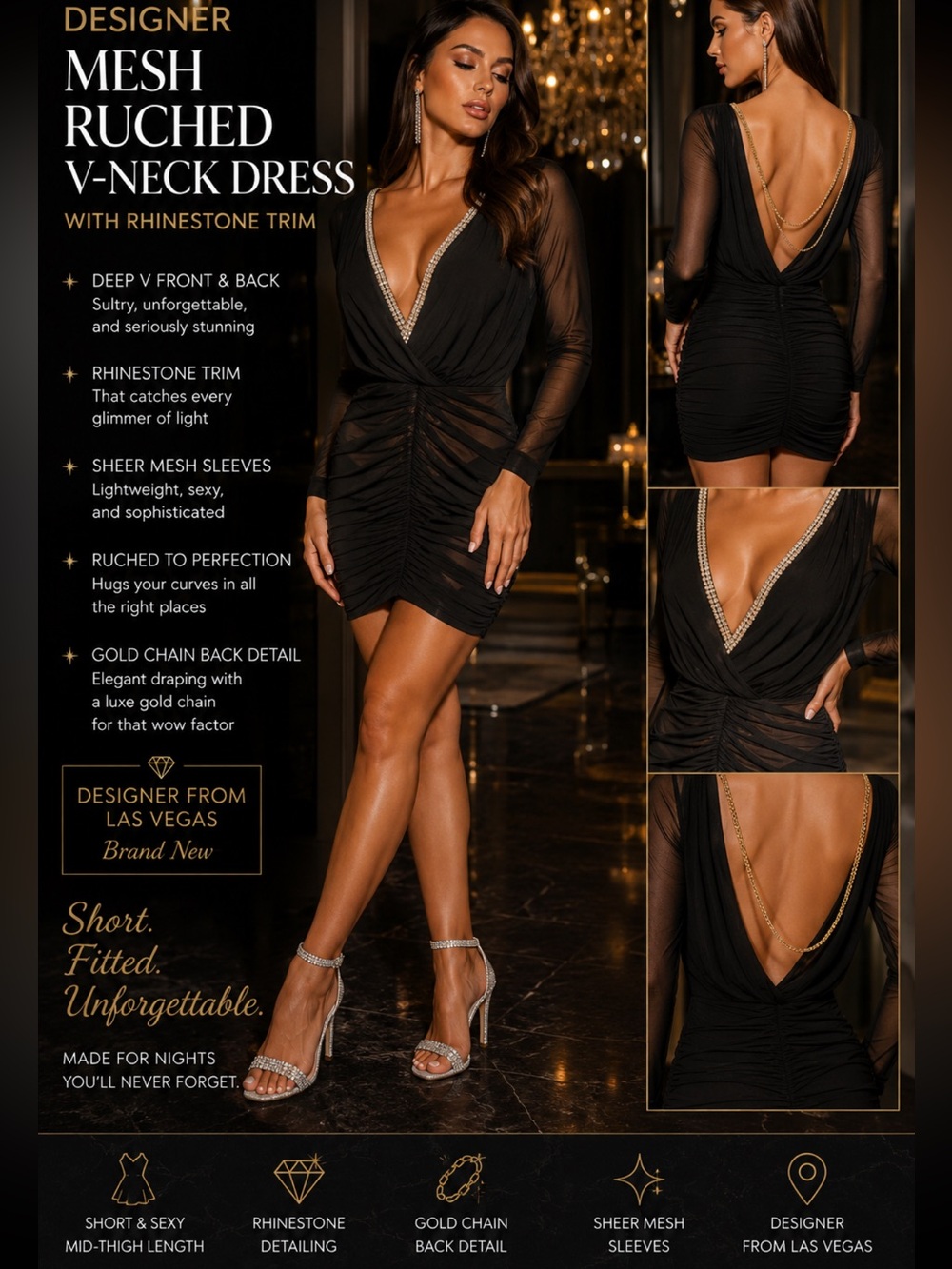 Elegant Black Mesh Ruched V-Neck Dress with Rhinestone Trim
